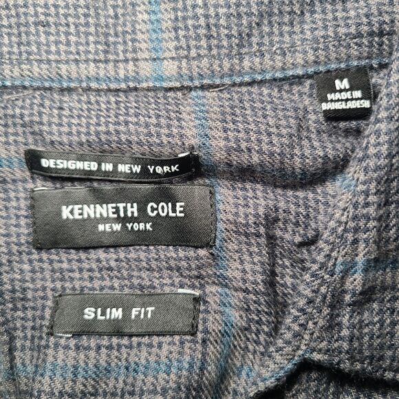 NWT Kenneth Cole Men's Medium Grey Plaid Slim Soft Button Up Shirt Techni-Cole - Picture 3 of 9